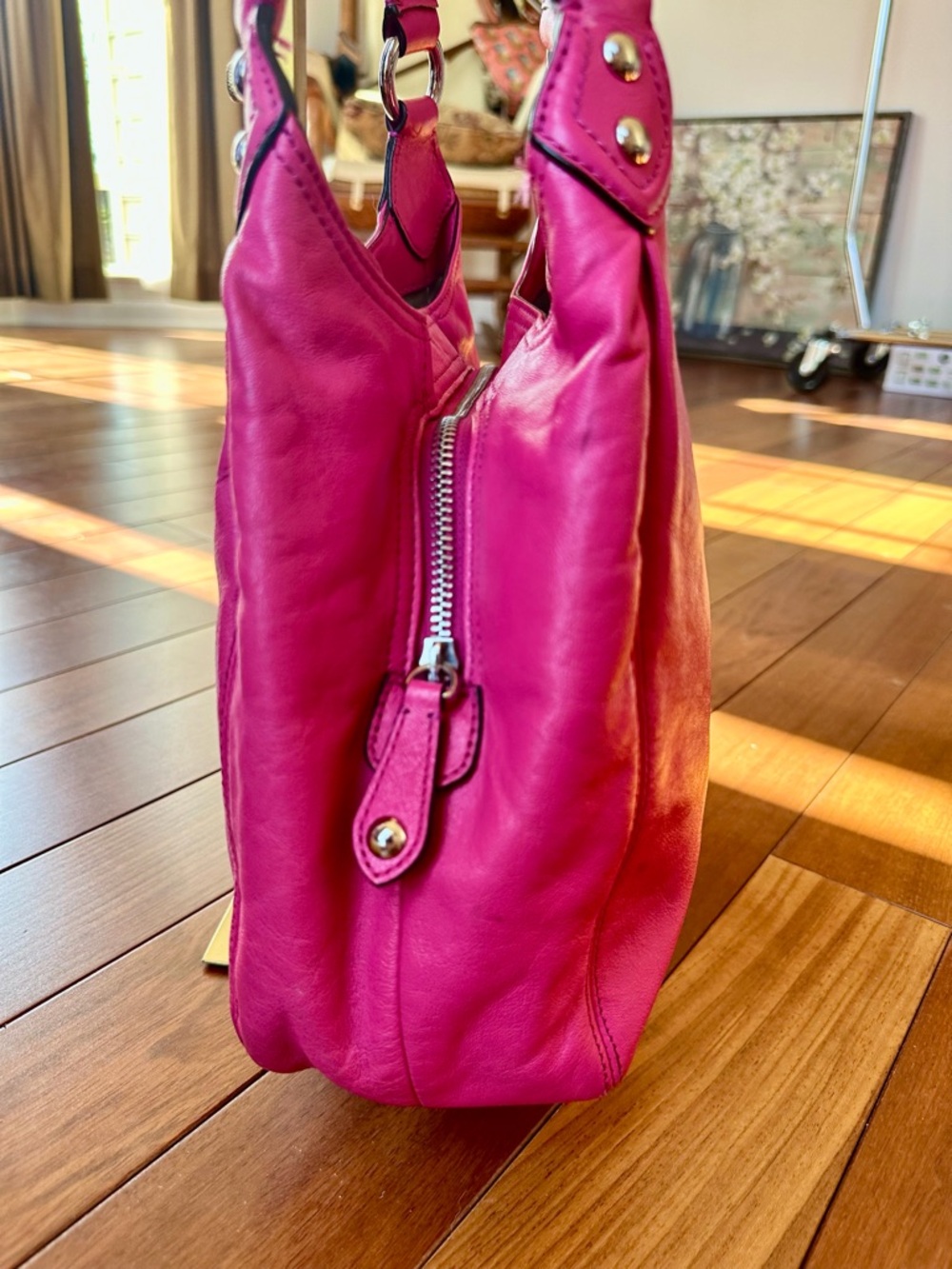 Coach Ashley Leather Hobo Shoulder Bag in Fuchsia with Tan Satin Interior - Picture 4 of 14